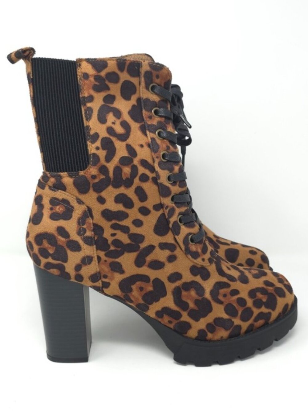 Leopard Print Chunky Heel Ankle Boots Faux Suede Lace Up Platform Zipper Trendy - Picture 3 of 12